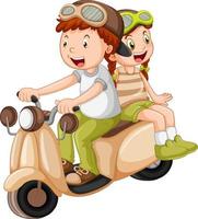 un niño montando una motocicleta con una niña de dibujos animados vector