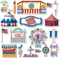 Sticker set of amusement park objects and cartoon characters vector