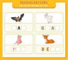 Fill the missing letter of each word worksheet for children vector