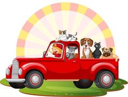concepto de viaje por carretera con animales domésticos en un coche