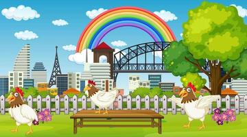 Park scene with three chickens walking vector
