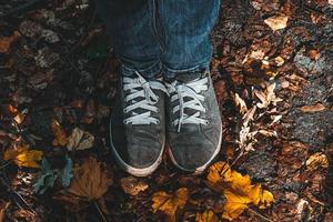 pies en zapatos sobre hojas secas caídas