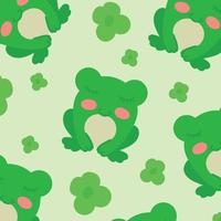 Concept of cute pattern with green frogs and flowers. Repeating frogs and flowers isolated on color background. Vector illustration. Image on green background.