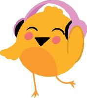 Cute cartoon yellow chick listens to music in headphones and dances. Vector illustration. Image isolated on white background