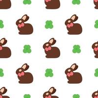 Concept of seamless Easter pattern. Repeating chocolate bunnies and clover on white background. Vector illustration. Easter design element for postcards wrapping paper sites  placards brochures