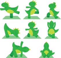 conjunto de lindos dinosaurios haciendo yoga. ilustración vectorial dinosaurios en varias asanas de yoga en alfombra especial. elemento de diseño para el diseño de postales pancartas carteles menú folletos sitios vector