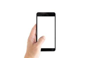 Left hand of a white man holding a black mobile phone and a white screen at a isolate background with clipping path. photo