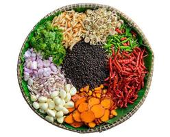 Set of various spices and herbs. Pepper, turmelic, ginger, saffron, basil, rosemary, chilly, cardamom, cinnamon, anise. Top view with copy space. photo