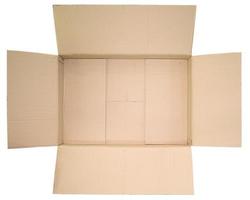 Close up view in the open lid of the empty brown big box isolated on white background photo