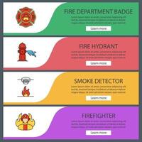 Firefighting web banner templates set. Firefighter's badge, fire hydrant, smoke detector, fireman. Website color menu items. Vector headers design concepts