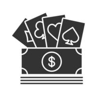 Cash with playing cards glyph icon. Silhouette symbol. Real money casino. Negative space. Vector isolated illustration