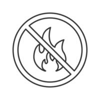 Forbidden sign with fire linear icon. Thin line illustration. No bonfire prohibition. Stop contour symbol. Vector isolated outline drawing
