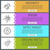 Pest control web banner templates set. Housefly, spider, mites target, ground beetle. Website color menu items. Vector headers design concepts