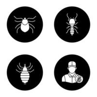 Pest control glyph icons set. Mite, termite, louse, exterminator. Vector white silhouettes illustrations in black circles