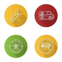 Conjunto de iconos de sombra larga lineal plana para el control de plagas. saltamontes, coche exterminador, objetivo de mosquitos, detener pulgas. ilustración de contorno vectorial vector