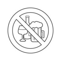señal prohibida con icono lineal de bebidas alcohólicas. ilustración de línea delgada. botella de vino y vaso de cerveza en círculo de prohibición. detener el símbolo de contorno. dibujo de contorno aislado vectorial vector
