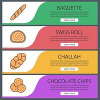 Bakery web banner templates set. Baguette, swiss roll, challah, chocolate chips. Website color menu items. Vector headers design concepts