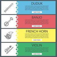 Musical instruments web banner templates set. Duduk, banjo, french horn, violin. Website color menu items with linear icons. Vector headers design concepts