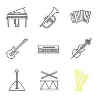 Musical instruments linear icons set. Piano, flugelhorn, accordion, guitar, mellotron, cello, balalaika, drum, harp. Thin line contour symbols. Isolated vector outline illustrations