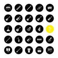 Musical instruments glyph icons set. Orchestra equipment. Stringed, wind, percussion instruments. Vector white silhouettes illustrations in black circles