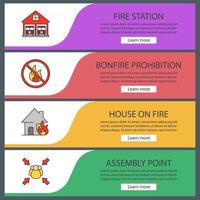 Firefighting web banner templates set. Fire station, bonfire prohibition, burning house, assembly point. Website color menu items. Vector headers design concepts