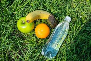 botella de agua dulce y frutas en la hierba verde