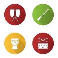 Musical instruments flat design long shadow glyph icons set. Conga, didgeridoo, kendang, drum. Vector silhouette illustration