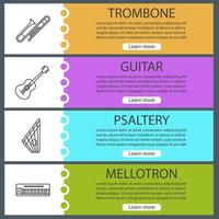 Musical instruments web banner templates set. Trombone, guitar, psaltery, mellotron. Website color menu items with linear icons. Vector headers design concepts