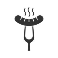 Grilled sausage on fork glyph icon. Silhouette symbol. Bratwurst. Negative space. Vector isolated illustration