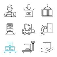 Cargo shipping linear icons set. Loader man, parcel packing, container, train, forklift, courier, warehouse, scales, cargo in hand. Thin line contour symbols. Isolated vector outline illustrations