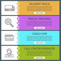 Cargo shipping web banner templates set. Delivery truck, parcel tracking, cargo ship, call center operator. Website color menu items with linear icons. Vector headers design concepts