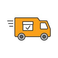 Delivery van with checkmark color icon. Fast shipping. Freight transport. Isolated vector illustration