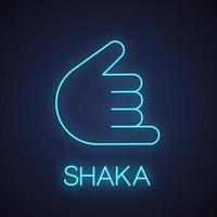 Shaka hand gesture neon light icon. Hang loose. Call me glowing sign. Vector isolated illustration