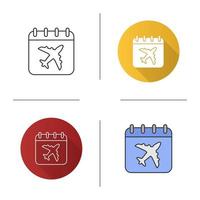 Flight date icon. Calendar page with airplane. Plane departure date. Flat design, linear and color styles. Isolated vector illustrations