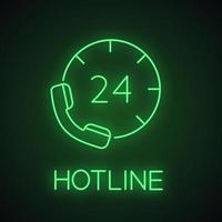 Hotline neon light icon. 24 hours phone support. Call center glowing sign. Vector isolated illustration