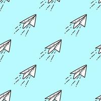Seamless pattern with Illustration paper plane in a doodle style on blue background. vector