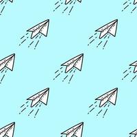 Seamless pattern with Illustration paper plane in a doodle style on blue background. vector