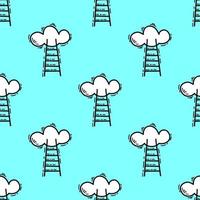 Seamless pattern with Illustration ladder to the cloud in a doodle style on blue background. vector