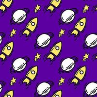 Seamless pattern with Illustration space rocket a doodle style black yellow color on blue background. vector