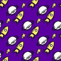 Seamless pattern with Illustration space rocket a doodle style black yellow color on blue background. vector