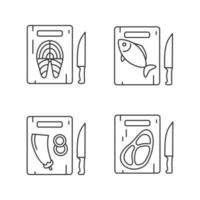 conjunto de iconos lineales de corte de alimentos. tablas de cortar con pescado salmón, berenjena, bistec de carne. símbolos de contorno de línea delgada. Ilustraciones de vectores aislados