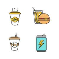 Drinks color icons set. Takeaway coffee and tea, energy drink, soda with burger. Isolated vector illustrations