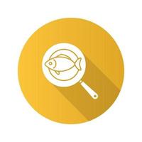 Fish on frying pan flat design long shadow glyph icon. Vector silhouette illustration