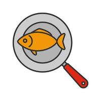 Fish on frying pan color icon. Isolated vector illustration