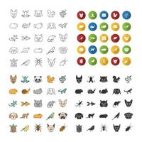 Pets icons set. Exotic animals. Rodents, birds, reptiles, insects, dogs, cats. Linear, flat design, color and glyph styles. isolated vector illustrations