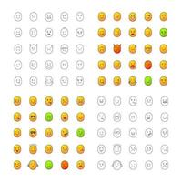 conjunto de iconos de sonrisas. emoticonos sentimientos, emociones. estilos lineales, de diseño plano, de color y de glifo. ilustraciones de vectores aislados