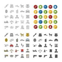 Police force icons set. Law enforcement. Transport, protection equipment, weapon. Linear, flat design, color and glyph styles. isolated vector illustrations