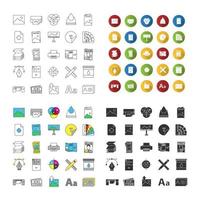 Printing icons set. Polygraphy and typography. Posters, flyers, brochures, booklets templates. Linear, flat design, color and glyph styles. isolated vector illustrations