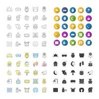 Sleeping accessories icons set. Linear, flat design, color and glyph styles. isolated vector illustrations