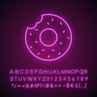 Bitten donut neon light icon. Bagel. Glowing sign with alphabet, numbers and symbols. Vector isolated illustration